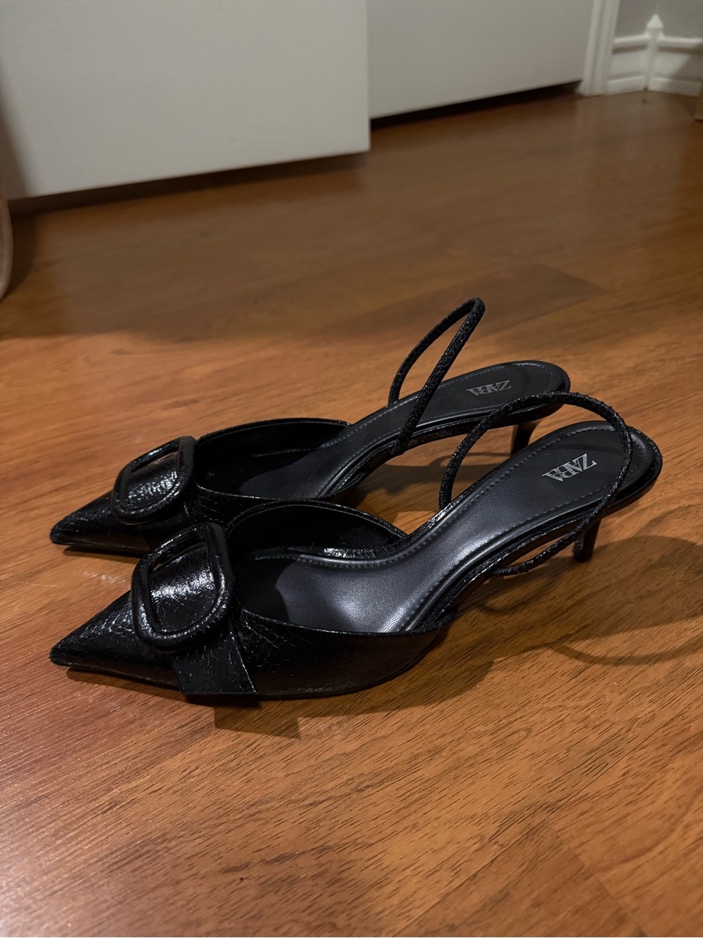 Zara Black Pointed Slingback Heels with Buckle Detail